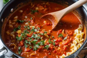 A bowl of traditional Hungarian goulash with chunks of beef, vegetables, and a rich paprika-infused sauce.