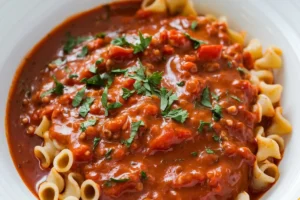 A bowl of traditional Hungarian goulash with chunks of beef, vegetables, and a rich paprika-infused sauce.