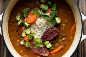 A bowl of traditional gumbo with chicken, sausage, shrimp, and okra, served over white rice, highlighting key ingredients.