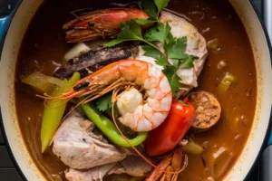 A bowl of traditional gumbo with chicken, sausage, shrimp, and okra, served over white rice, highlighting key ingredients.