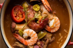A bowl of traditional gumbo with chicken, sausage, shrimp, and okra, served over white rice, highlighting key ingredients.