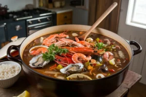 A bowl of homemade gumbo with shrimp, sausage, and vegetables served with white rice and garnished with fresh parsley.