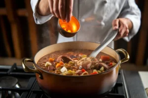 A bowl of homemade gumbo with shrimp, sausage, and vegetables served with white rice and garnished with fresh parsley.