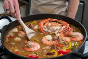 A bowl of homemade gumbo with shrimp, sausage, and vegetables served with white rice and garnished with fresh parsley.
