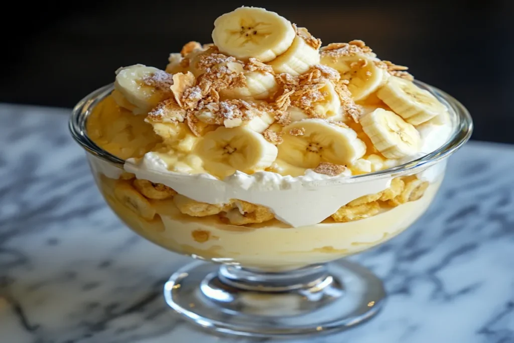 "Homemade Magnolia Bakery banana pudding in a trifle dish with layers of creamy pudding, Nilla wafers, and fresh banana slices."