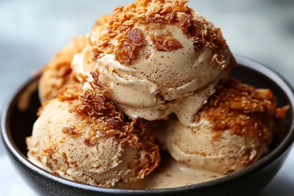 Fried chicken ice cream dessert featuring a crispy cornflake coating and vanilla ice cream, resembling a fried chicken drumstick.