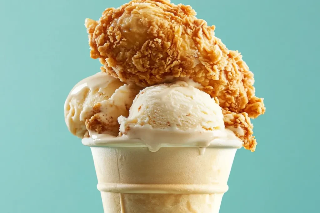 A close-up of not fried chicken ice cream, featuring a vanilla ice cream core with a white chocolate and cornflake coating shaped like a drumstick.