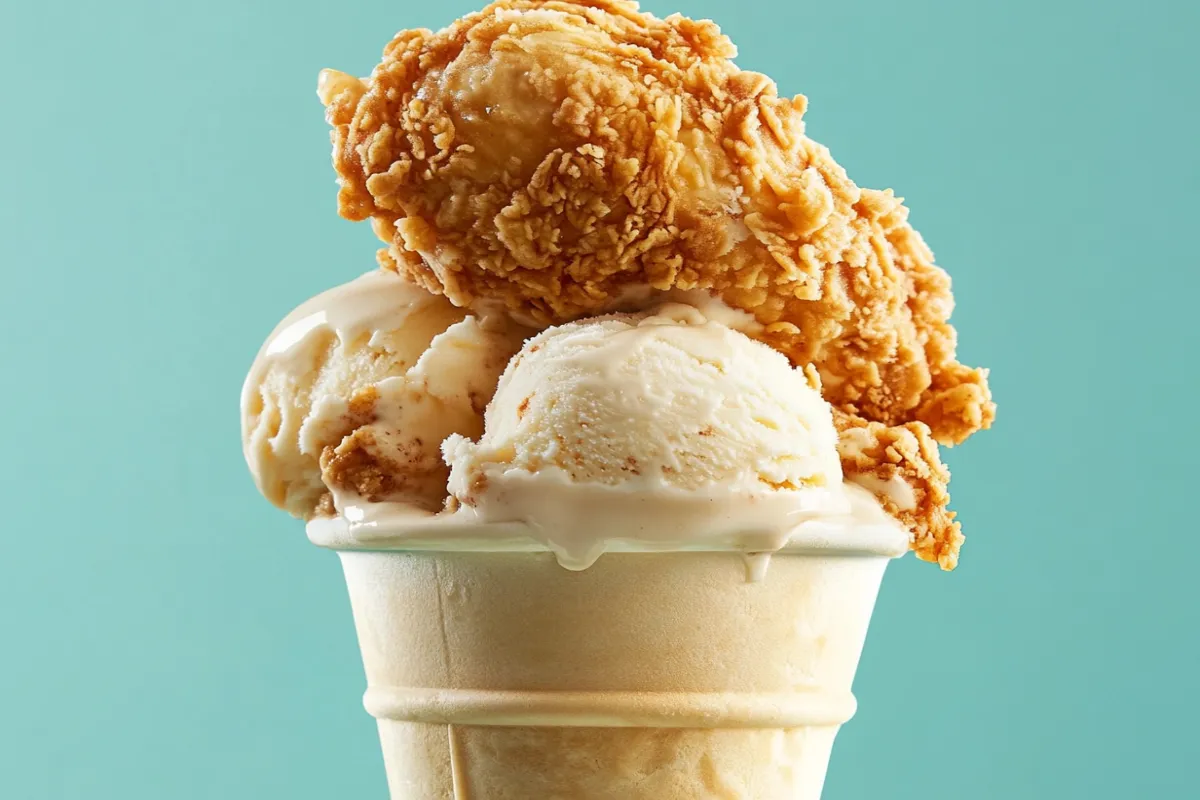 A close-up of not fried chicken ice cream, featuring a vanilla ice cream core with a white chocolate and cornflake coating shaped like a drumstick.
