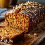 Tranches de Carrot Ginger Date Loaf sur une planche en bois avec gingembre frais et carottes râpées