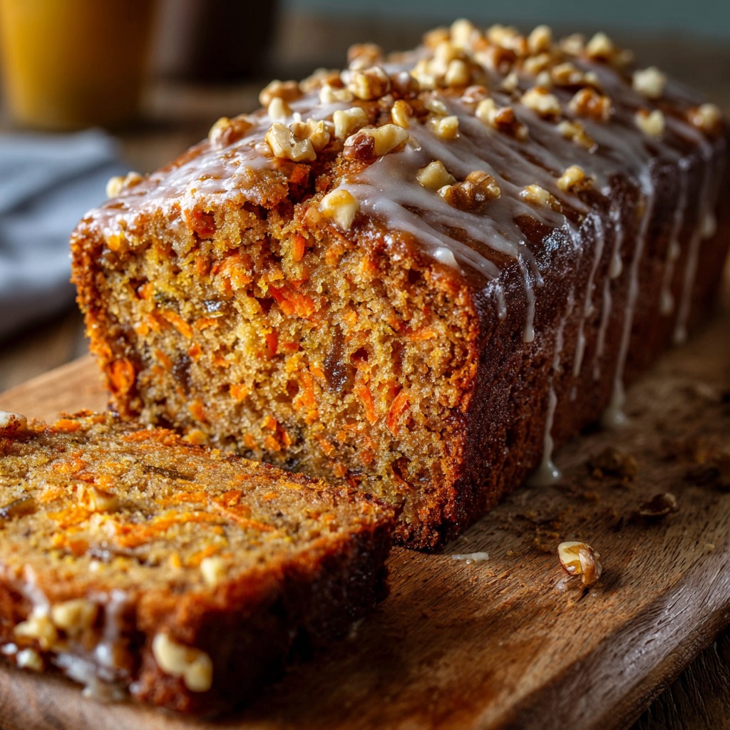 Tranches de Carrot Ginger Date Loaf sur une planche en bois avec gingembre frais et carottes râpées